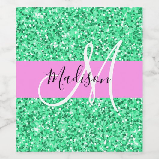 Glam Roze en Groene Glitter Sparkles Monogram Wijn Etiket (Enkel label)