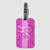 Glam Roze en Magenta Glitter Sparkle Monogram Naam Bagagelabel (Voorkant (verticaal))