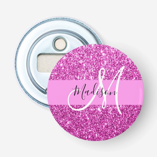 Glam Roze en Magenta Glitter Sparkle Monogram Naam Button Flesopener (Voorkant)