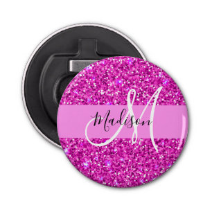 Glam Roze en Magenta Glitter Sparkle Monogram Naam Button Flesopener