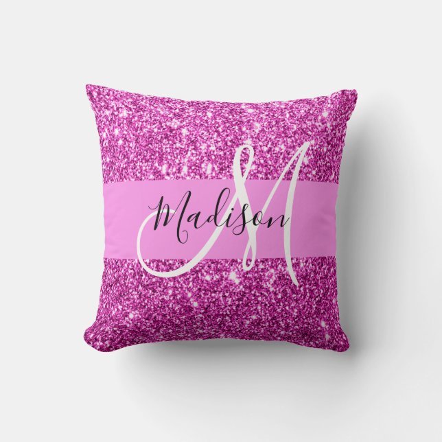 Glam Roze en Magenta Glitter Sparkle Monogram Naam Kussen (Voorkant)