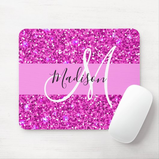 Glam Roze en Magenta Glitter Sparkle Monogram Naam Muismat (Met muis)