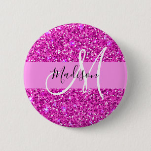 Glam Roze en Magenta Glitter Sparkle Monogram Naam Ronde Button 5,7 Cm