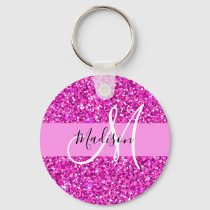 Glam Roze en Magenta Glitter Sparkle Monogram Naam Sleutelhanger