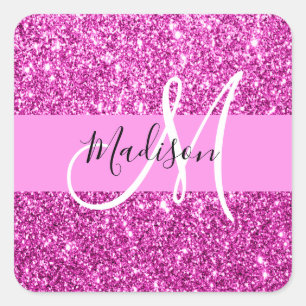 Glam Roze en Magenta Glitter Sparkle Monogram Naam Vierkante Sticker