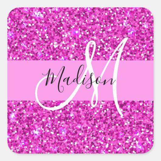 Glam Roze en Magenta Glitter Sparkle Monogram Naam Vierkante Sticker (Voorkant)