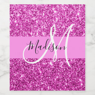 Glam Roze en Magenta Glitter Sparkle Monogram Naam Wijn Etiket