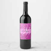 Glam Roze en Magenta Glitter Sparkle Monogram Naam Wijn Etiket (Voorkant)