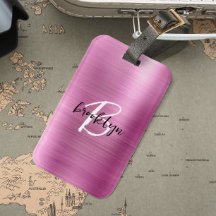 Glam roze geborsteld metaal zwart wit monogram bagagelabel