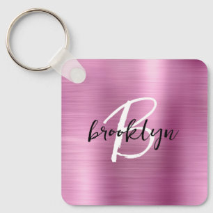 Glam roze geborsteld metalen monogram  sleutelhanger