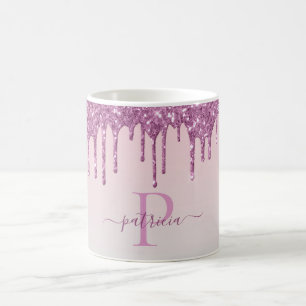 Glam roze glitter druppelt elaar elegant monogram koffiemok