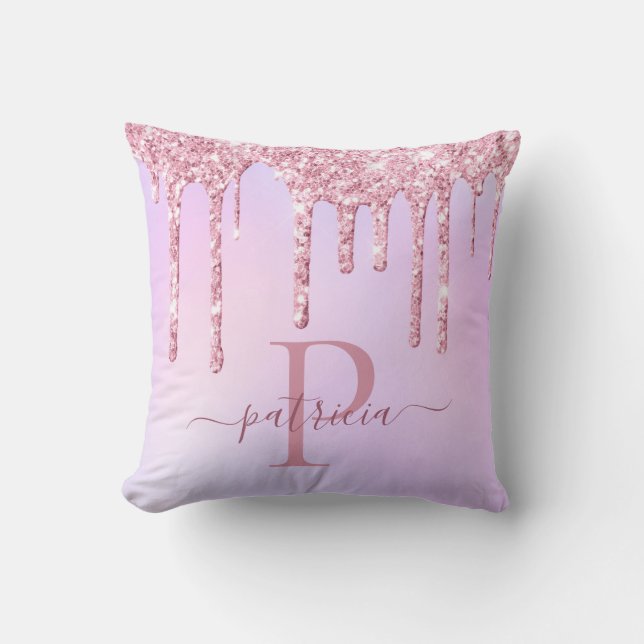 Glam roze glitter druppelt elaar elegant monogram kussen (Voorkant)