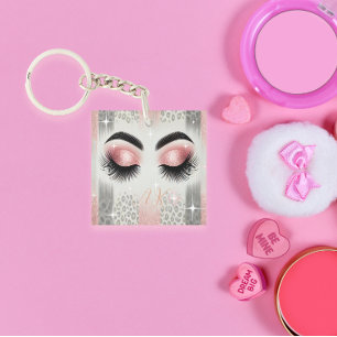Glam Roze Glitter Wimpers Monogram Sleutelhanger