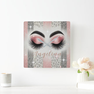 Glam Roze Glitter Wimpers Vierkante Klok