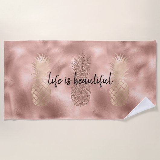 Glam Roze Glitz Goud Ananassen Strandlaken (Voorkant)
