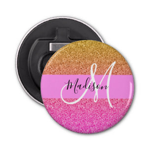 Glam Roze & Gold Glitter Sparkle Gradient Monogram Button Flesopener