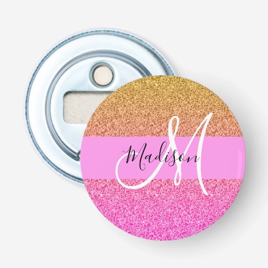 Glam Roze & Gold Glitter Sparkle Gradient Monogram Button Flesopener (Voorkant)