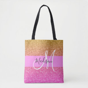 Glam Roze & Gold Glitter Sparkle Gradient Monogram Draagtas