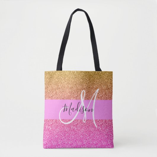 Glam Roze & Gold Glitter Sparkle Gradient Monogram Draagtas (Voorkant)