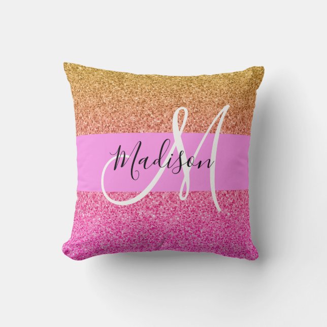 Glam Roze & Gold Glitter Sparkle Gradient Monogram Kussen (Voorkant)