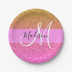 Glam Roze & Gold Glitter Sparkle Gradient Monogram Papieren Bordje