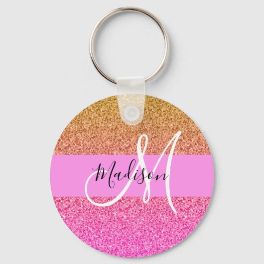 Glam Roze & Gold Glitter Sparkle Gradient Monogram Sleutelhanger (Voorkant)