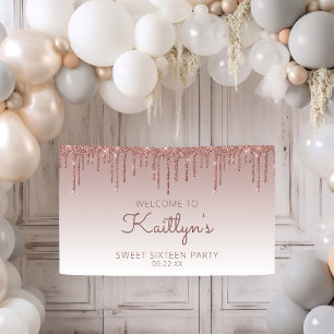 Glam Roze Goud Glitter Drip Sweet 16 Feest Banner