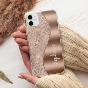 Glam Roze Goud Nep Folie Luipaard Vlekken Naam iPhone 13 Hoesje