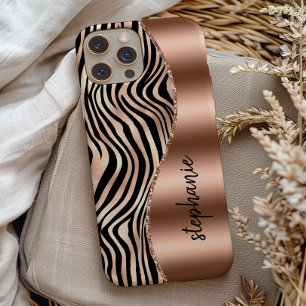 Glam Roze Goud Zwarte Tijgerstrepen Naam iPhone 13 Hoesje