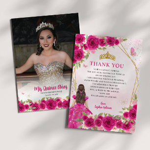 Glam Roze Gouden Bloemen Prinses Quinceañera Foto Bedankkaart