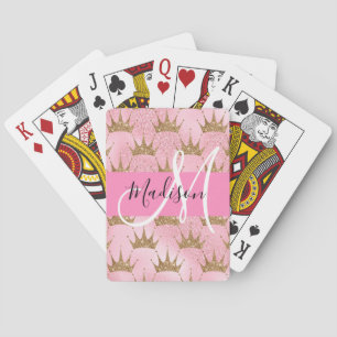 Glam Roze & Gouden Glitter Vonken Kronen Monogram Pokerkaarten
