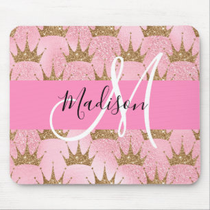 Glam Roze & Gouden Glitter Vonken Kroontjes Monogr Muismat