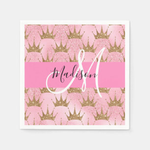 Glam Roze & Gouden Glitter Vonken Kroontjes Monogr Servet