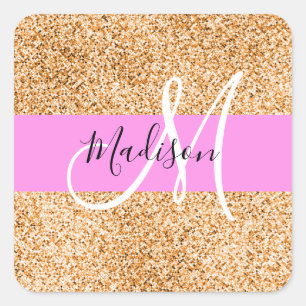 Glam Roze & Koper Glitter Vonken Monogram Naam Vierkante Sticker