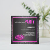 Glam Roze Lips Black Bachelorette Invitation Kaart (Staand voorkant)