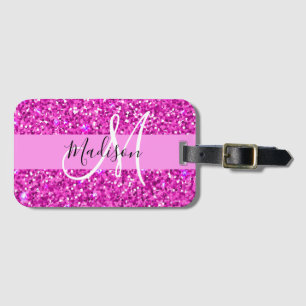 Glam Roze & Magenta Glitter Glans Monogram Naam Bagagelabel