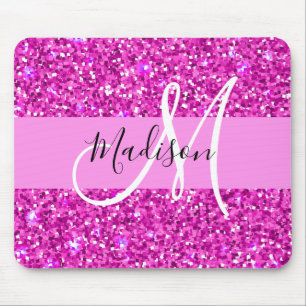 Glam Roze & Magenta Glitter Glans Monogram Naam Muismat