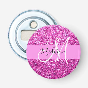 Glam roze & magenta glitters glans monogram naam button flesopener