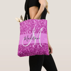 Glam roze & magenta glitters glans monogram naam draagtas