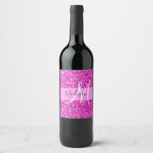 Glam roze & magenta glitters glans monogram naam wijn etiket