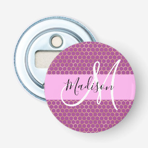 Glam Roze Metaalroze Honingraat Monogram Naam Button Flesopener