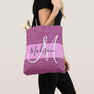 Glam Roze Metaalroze Honingraat Monogramnaam Draagtas