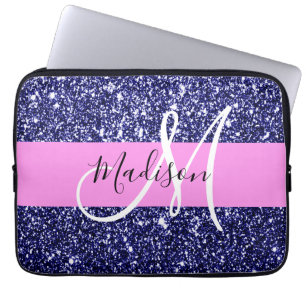 Glam Roze Navy Blauwe Glitters Glans Naam Monogram Laptop Sleeve