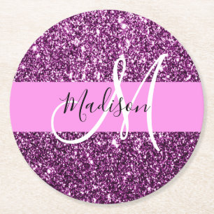 Glam roze & paarse glitter sparkles monogram naam ronde kartonnen onderzetter