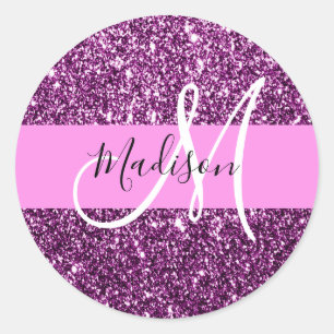 Glam roze & paarse glitter sparkles monogram naam ronde sticker