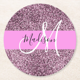 Glam roze & paarse glitter vonken monogram naam ronde kartonnen onderzetter