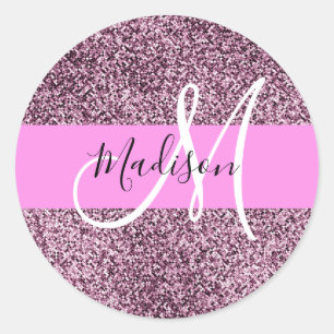 Glam roze & paarse glitter vonken monogram naam ronde sticker