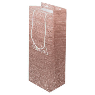 Glam Roze Rose Gold Glitter Sparkle Brushed Metal Wijn Cadeautas