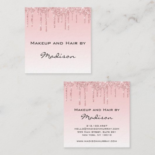 Glam roze roze roodbruine glitter druppelt artiest vierkante visitekaartje (Voorkant / Achterkant)