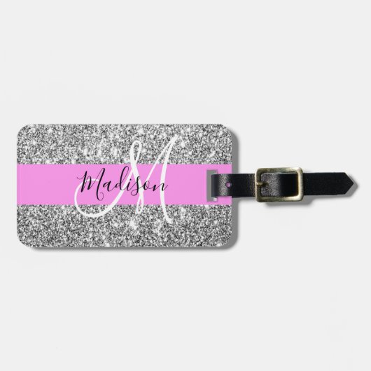 Glam Roze & Silver Glitter Sparkles Monogram Bagagelabel (Voorkant horizontaal)